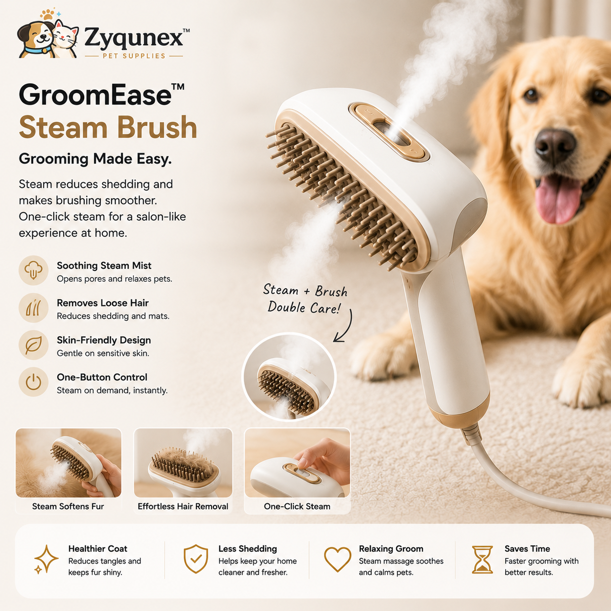 🐾 **Zyqunex™ SteamSoft Pro Grooming Brush**